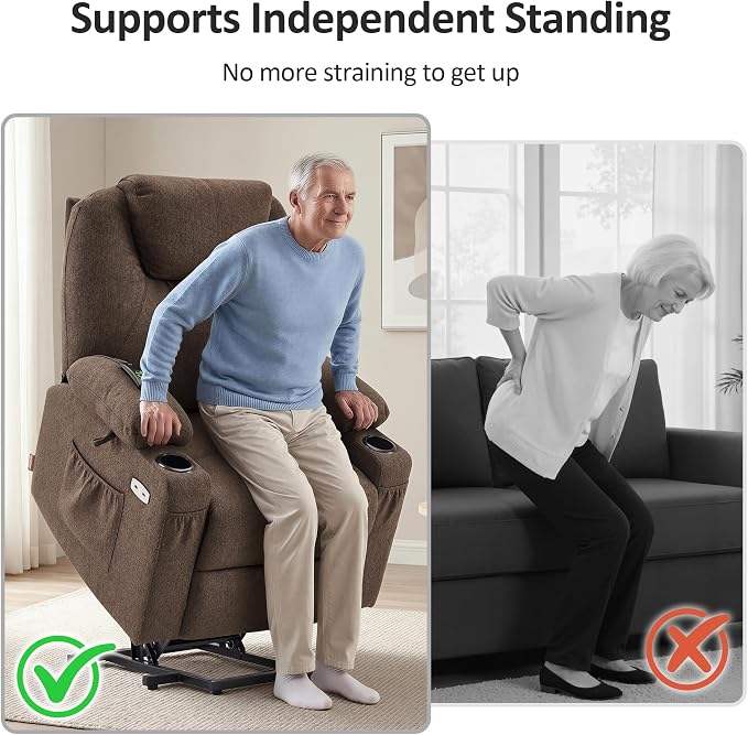 MCombo Power Lift Recliner Chair for Elderly, Lift Chair with Heat and Massage, FSC Certified, USB&Type C Ports, Cup Holders, Fabric 7040 (Medium,Brown)