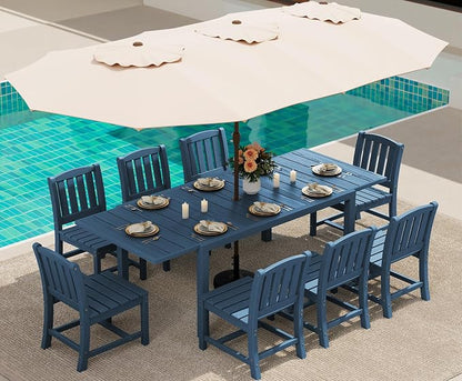 SERWALL 10-Piece Patio Dining Sets with 15FT Patio Umbrella, Blue | 60" - 83" Expandable Outdoor Dining Table and 8 HDPE Chairs, All Weather HDPE Outdoor Furniture Set