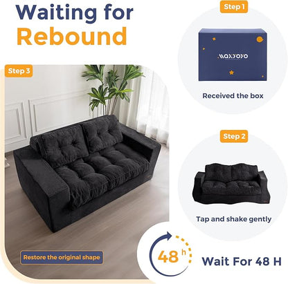 MAXYOYO Bean Bag Chair for Adults, Upholstered Floor Sofa with Armrests, Loveseat Boneless Couch with Tufted Cushion & Backrest, Sofa in A Box, Large Bean Bag Couch for Bedroom Living Room, Black