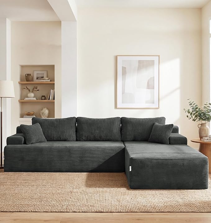 Hobestluk Modular Sectional Sofa Couches L-Shape Couch 3 Seat Modular Sofa Memory Foam Sectional Couches for Living Room, Cloud Couch with Oversized Chaise (Grey Corduroy, 108", Right Hand Facing)