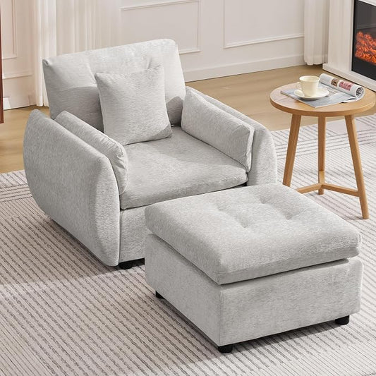 30" Modular Cloud Accent Chair with Ottoman, Deep Seat Tufted Chenille Sofa Chair with Curved Arms, Upholstered Reading Chairs for Living Room, Bedroom, Light Grey
