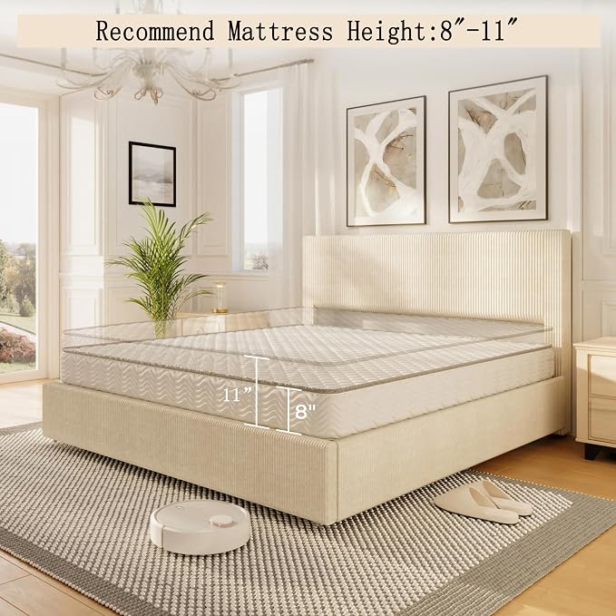 Garvee Corduroy Bed Frame with Headboard, Platform Upholstered Queen Bed Frame with 4 Storage Drawers and Wooden Slats Support, No Box Spring Needed, Beige