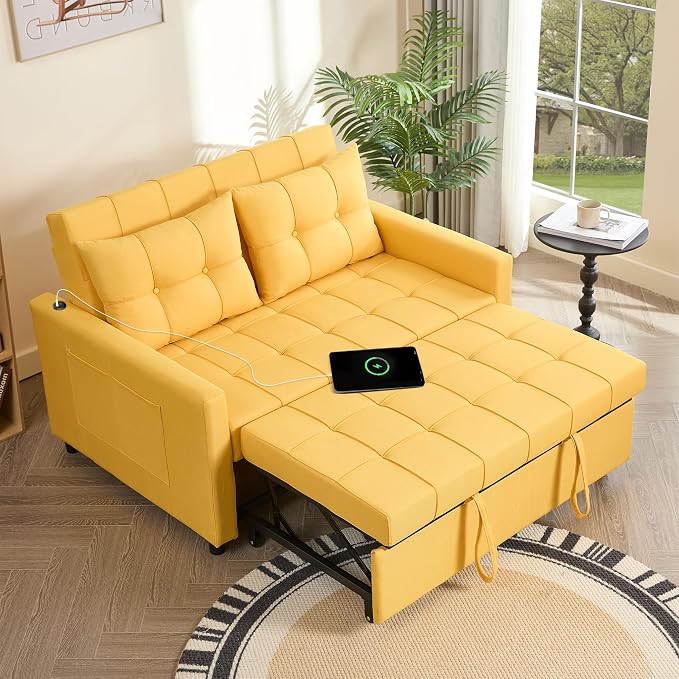GOSUHI 52" Sleeper Sofa with Pull-Out Bed, 3-in-1 Convertible Sofa Bed, Set of Loveseat with Stepless Adjustable Backrest and Side Pocket, for Living Room Dorm Apartment, Linen, Yellow