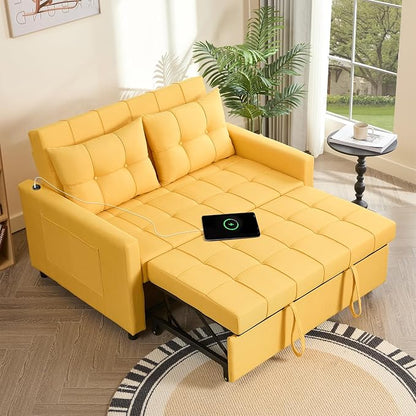 GOSUHI 52" Sleeper Sofa with Pull-Out Bed, 3-in-1 Convertible Sofa Bed, Set of Loveseat with Stepless Adjustable Backrest and Side Pocket, for Living Room Dorm Apartment, Linen, Yellow