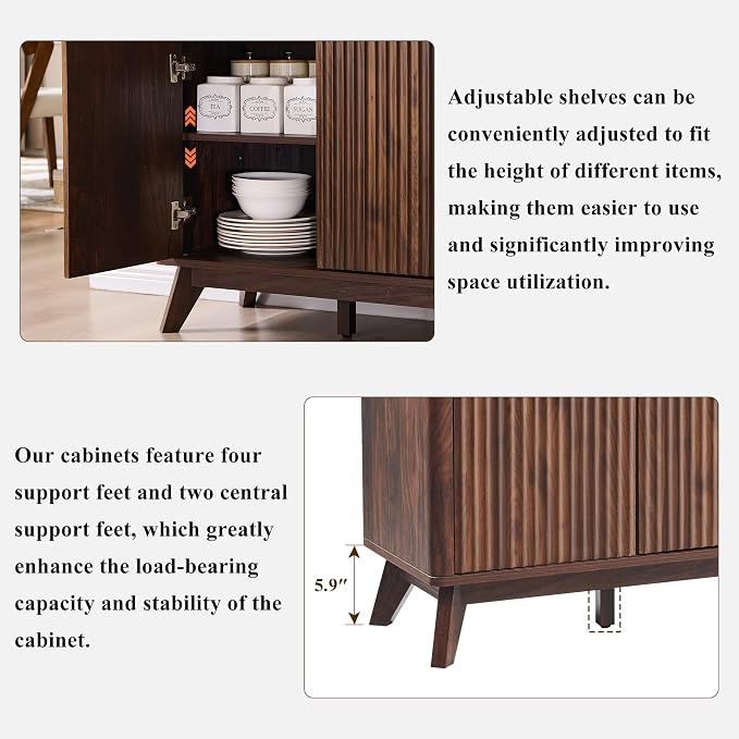 T4TREAM 60 Inch Fluted Buffet Sideboard Cabinet, Dark Walnut | Modern Coffee Bar Storage Cabinet With 3 Drawers & 4 Doors, for Dining Room, Living Room, Hallway, Adjustable shelves