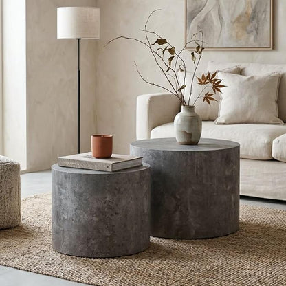 Nesting Round Coffee Table Set of 2, Accent End Table for Small Spaces, Morden Drum Side Table, Wooden Circle Center Table for Living Room, Fully Assembled - Gray