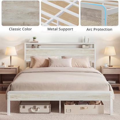 LIKIMIO Queen Bed Frame with Headboard, Wood Camas Queen with Strong Supports, Sturdy, Noise-Free, No Box Spring Needed, White Maple