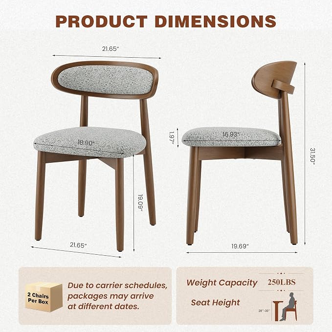 Wooden Dining Chairs Set of 4, Modern Fabric Upholstered Dining Room Chair, Kitchen Side Chairs, Farmhouse Dinner Chair with Curved Back for Kitchen, Lightgrey