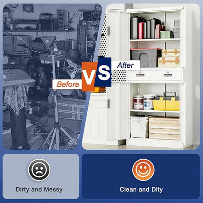 BESFUR Metal Storage Cabinet with 2 Drawers 4 Doors and 2 Adjustable Shelves Garage Storage Cabinet with Lock 71" Office Storage Cabinets Locking Cabinets for Garage Office Shop Home (White)