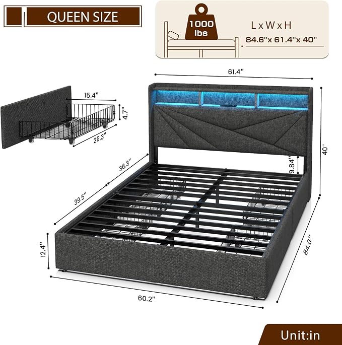 Driftalia LED Queen Bed Frame with 4 Storage Drawers, Upholstered Bed Frame Queen Size with 2-Tier Headboard and Charging Station, No Box Spring Needed, Easy to Assembly - Dark Grey