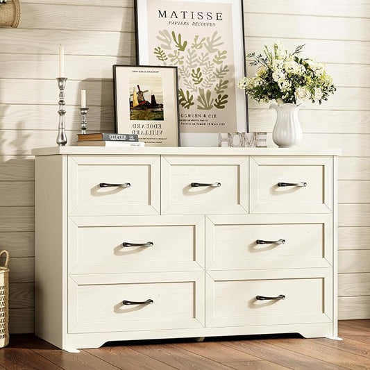 AODK Farmhouse 7 Drawer Dresser for Bedroom, 47” Wide Rustic Storage Chest with Engineered Wood Frame, Anti-Tip Design, American Country Bedroom Furniture, Vintage White