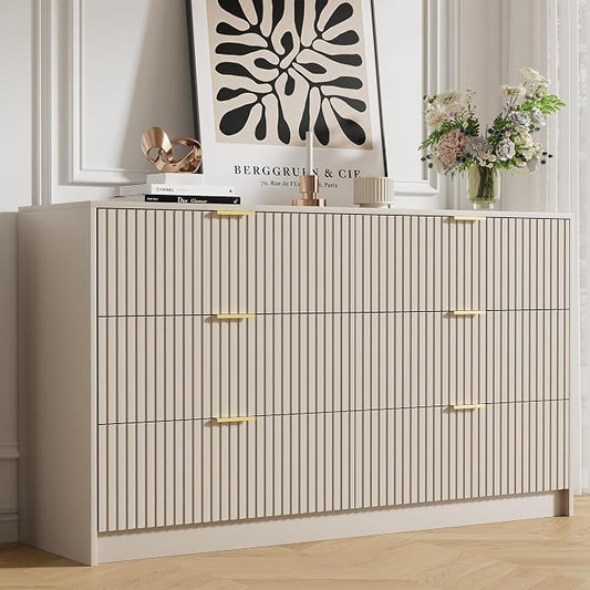 Furniway Beige Dresser for Bedroom, Modern Dresser with 6 Drawers and Smooth Slides, Wide Chest of Drawers with Golden Handles for Bedroom, Living Room, Closet, 15.7" D x 55.1" W x 31.4" H