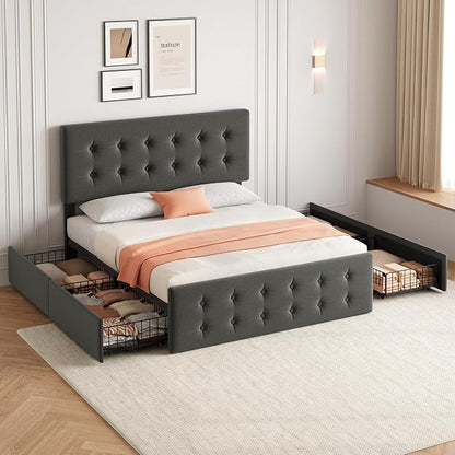 IDEALHOUSE Full Size Bed Frame with 4 Storage Drawers and Headboard, Linen Upholstered Platform Bed Frame with Wooden Slats Support, Button Tufted Design, No Box Spring Needed, Light Grey