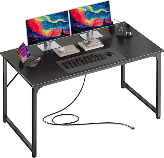 PRAISUN 47 X 24 Inch Deeper Desk with Power Outlets | Computer Desk for Bedroom, Office Desk for Work from Home, Writing Study Gaming Table, Stable Metal Frame, Black