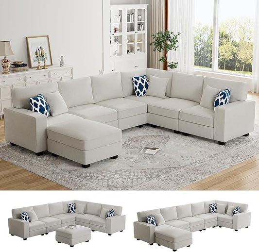 Legend Vansen Oversized Modular Sectional Sofa,U/L‑Shaped Reversible Couch with Ottoman,Deep Seat Plush Polyester Sofa for Living Room,7‑Seater,Cream