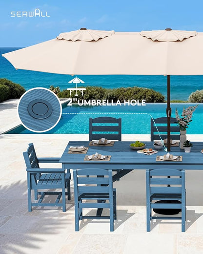 SERWALL 9 Piece 84" HDPE Outdoor Dining Set with 6 Armless Chairs, 2 Armchairs and Umbrella Hole for 8, Blue