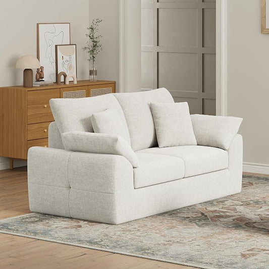 75.6" Boneless Loveseat Sofa, Polyester Fabric 2-Seater Couch with 4 Pillows, No Assembly Required, Soft High Density Foam Cushion, Rectangular Track Arm Sofa for Living Room Bedroom Apartment (Beige)