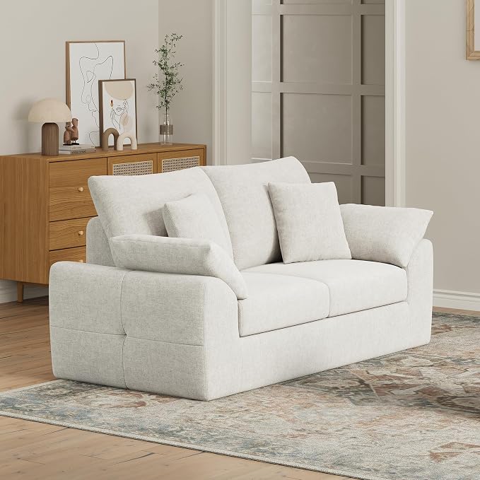 75.6" Boneless Loveseat Sofa, Polyester Fabric 2-Seater Couch with 4 Pillows, No Assembly Required, Soft High Density Foam Cushion, Rectangular Track Arm Sofa for Living Room Bedroom Apartment (Beige)