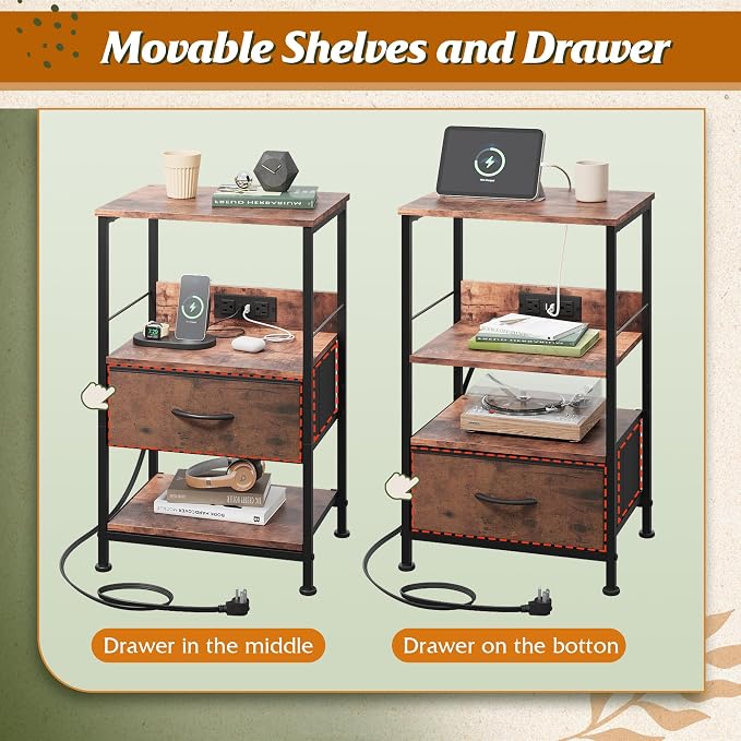 WLIVE Night Stand with Charging Station, LED Nightstand with Fabric Drawer and Open Shelf, Small Bedside Table for Bedroom, Dorm, Small Space, Rustic Brown