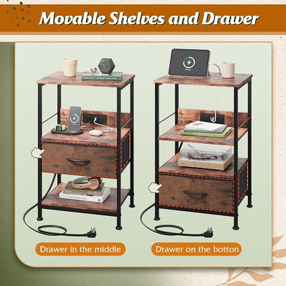 WLIVE Night Stand with Charging Station, LED Nightstand with Fabric Drawer and Open Shelf, Small Bedside Table for Bedroom, Dorm, Small Space, Rustic Brown