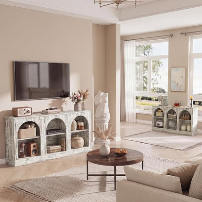 Tribesigns Farmhouse Console Table Set of 2, Extra Long Entryway Table with 3 Tier Storage, Wooden Rectangular Sofa Table Behind The Couch for Entrance, Hallway, Living Room, Distressed White