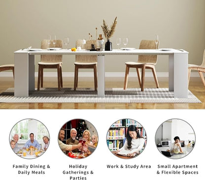 Transformer Dining Table for 12, 118” Expandable Rectangle Dining Room Table, Space Saving Folding Console Table, Modern Kitchen & Dining Furniture White
