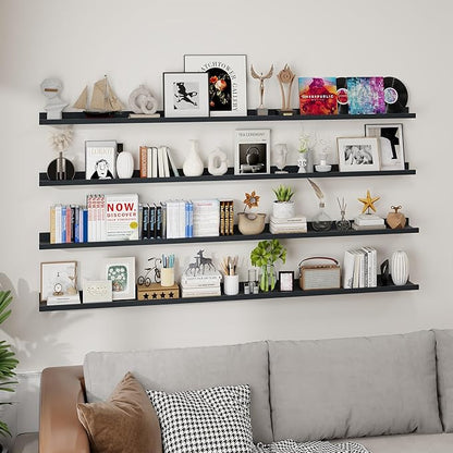 Axeman 72 Inch Floating Shelves | Black Picture Ledge Shelf Set of 4 | Rustic Wood Wall Shelves with Lip | 72" Black Picture Shelves for Wall with Ledge | Photo Shelves