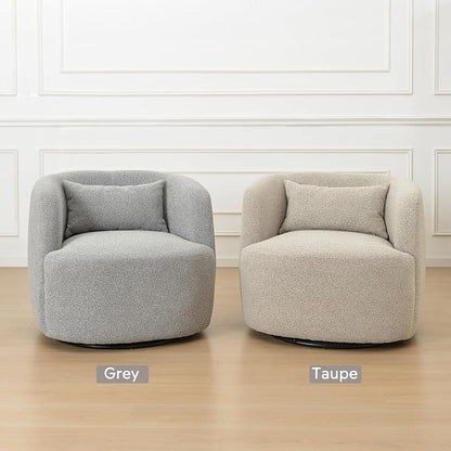 KINWELL 34" Wide Sherpa Swivel Barrel Chairs Set of 2, No Assembly Round Boucle Upholstered Accent Chairs Armchairs Single Sofa Chair with Toss Pillow for Living Room and Bedroom, Gray