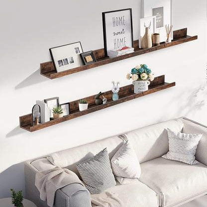 Muzilife 55" Large Floating Wall Ledge Shelves with Lip - Set of 2 Rustic Wood Floating Shelves - Walnut Brown Wall Mounted Picture Ledge for Office, Bathroom, Bedroom, Living Room, Kitchen