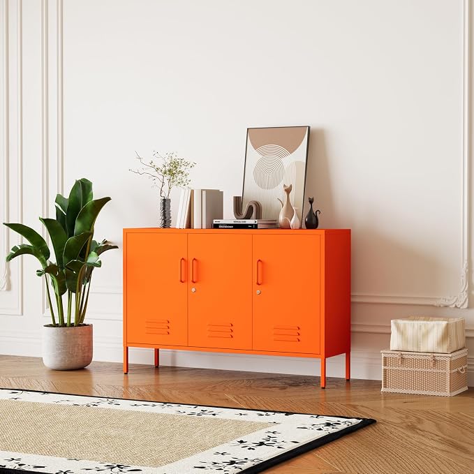 Orange Metal Storage Cabinet 3 Door Wide Metal Storage Cabinet 2 Layer Adjustable Shelves 32 "H Wide Steel Lockable Storage Cabinet Multipurpose Metal Accent Cabinet for Office/Home/Dining