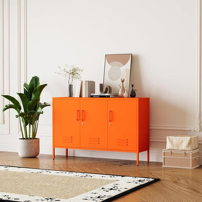 Orange Metal Storage Cabinet 3 Door Wide Metal Storage Cabinet 2 Layer Adjustable Shelves 32 "H Wide Steel Lockable Storage Cabinet Multipurpose Metal Accent Cabinet for Office/Home/Dining