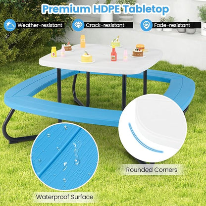 Costzon Kids Picnic Table, 8 Person Kids Outdoor Table and Chairs with Foldable & Adjustable Umbrella, 4 Built-in Benches, Toddler Outdoor Furniture for Backyard, Patio, Garden (Blue)
