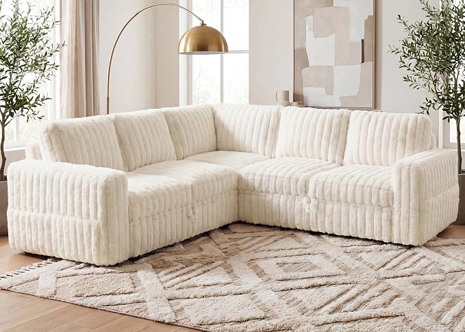 HONBAY Plush Corduroy Modular Sectional Sofa with Pull Out Bed, Convertible L Shaped Couch with Storage,Sleeper Sectional Couches for Living Room,Plush Beige