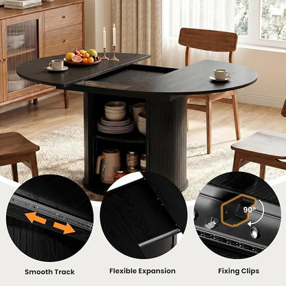 47''-63'' Extendable Round Dining Table for 4-6, Round Dining Room Table with Hidden Storage, Modern Wooden Kitchen Table with Fluted Sliding Door Cabinet for Dining Room Kitchen, Black