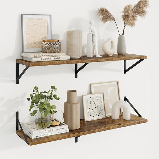 Axeman Deep Floating Shelves | 36 Inch Brown Wall Shelves Set of 2 | 10 Inch Deep Wood Floating Shelves for Wall | 36" W x 10" D Rustic Brown Shelves for Living Room Bathroom Kitchen