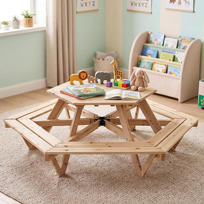 Costzon Kids Picnic Table, Hexagonal Wooden Toddler Outdoor Table and Bench Set with Removable Umbrella, Kids Outdoor Furniture for Patio Lawn Garden Backyard, Seats Up to 6 Children Age 3+ (Natural)