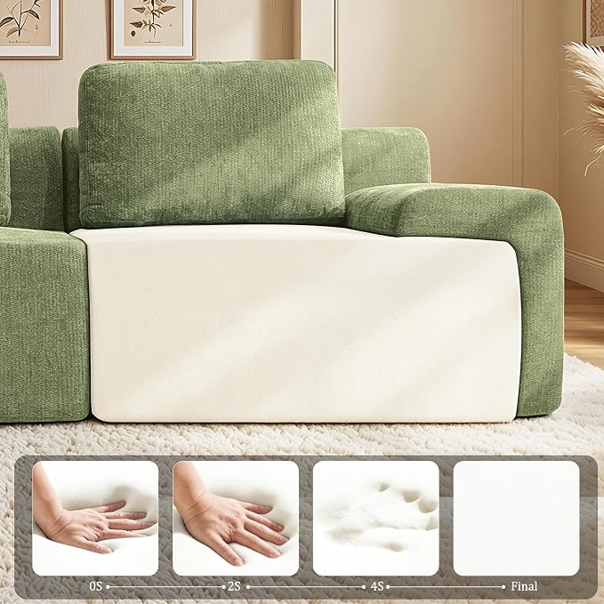 85" Oversized Boneless Couch, Comfort Cloud Sectional Couches for Living Room, Modular Sofa High Back & Extra Deep Seat, No Assembly, Soft Chenille Fabric (Olive Green, 85 inch- Shaped（2+2）)