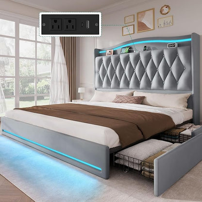 YITAHOME King Size Bed Frame with 4 Storage Drawers and RGB LED Lights, 57'' Tall Headboard Velvet Upholstered Bed with Charging Station, No Box Spring Needed, Easy Assembly, Noise-Free, Dark Grey