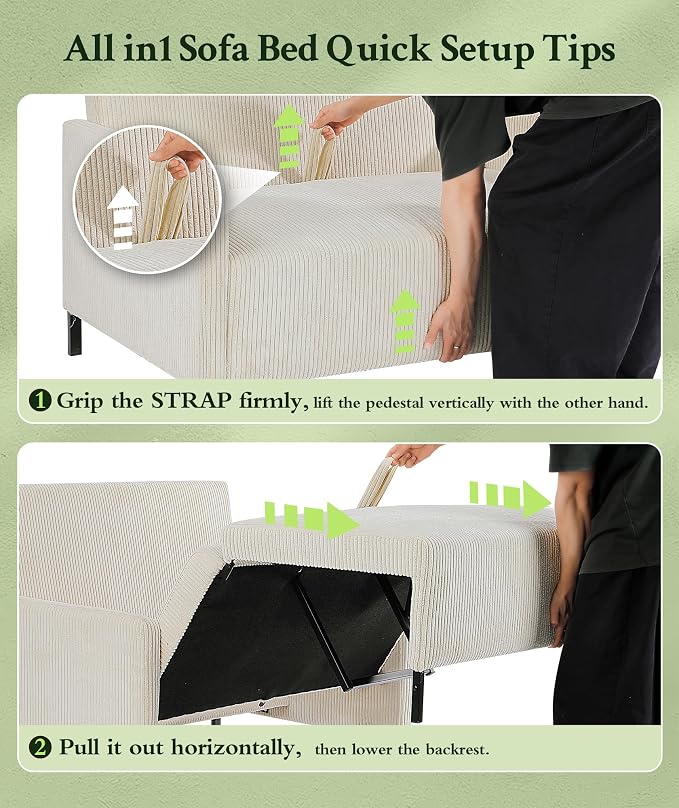 Welzona 47.2" Convertible Sofa Bed Couch, Comfy Corduroy Loveseat Sleeper Sofa, 620lbs Capacity Couch Bed, Easy Setup Love Seat Sleeper Bed 2 Pillows, Small Couches for Living Room/Office, Ivory White