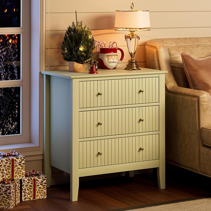 Night Stand, Fluted 3 Drawer Wide Farmhouse Nightstand with Gold Handle, Modern Wooden Bedside End Table for Bedroom, Living Room, Pale Green