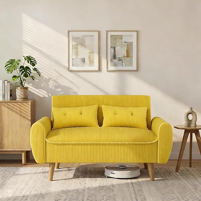 Shintenchi 48'' Loveseat Sofa, Mid-Century Modern Upholstered Couch Deep Seat with 2 Pillows, 10" Thick Cushion with Spring, Solid Wood Frame Small Couch for Living Room, Dorms & Office, Yellow