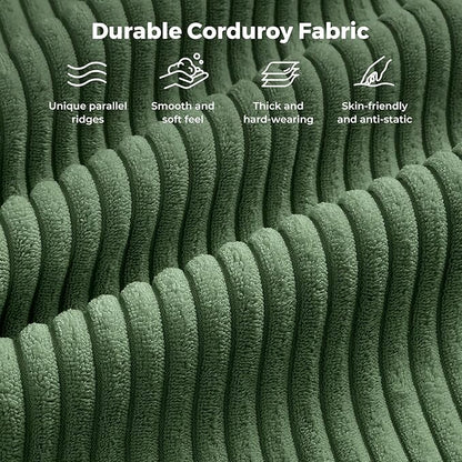 Convertible U-Shaped Corduroy Sectional Sofa, 3-Seater Couch with 2 Ottomans, FSC Solid Wood Frame, Spring Cushions, Green