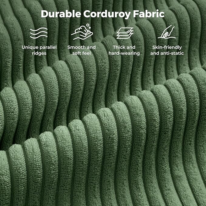L-Shaped Sectional Sofa, 3-Seater Convertible Couch with Ottoman, FSC Certified Solid Wood Frame, Spring Cushions, Curved Armrests, Comfort Corduroy Sofa for Living Room, Apartment, Office, Green