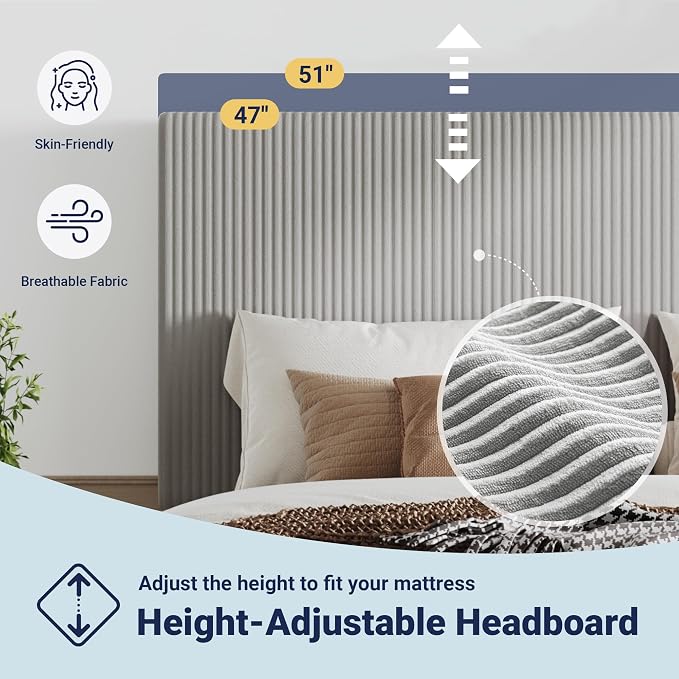 Allewie Queen Size Upholstered Bed Frame with Vertical Channel Tufted Headboard, Soft Corduroy Fabric Platform Bed, Strong Wooden Slats Support, Easy Assembly, No Box Spring Needed, Light Grey