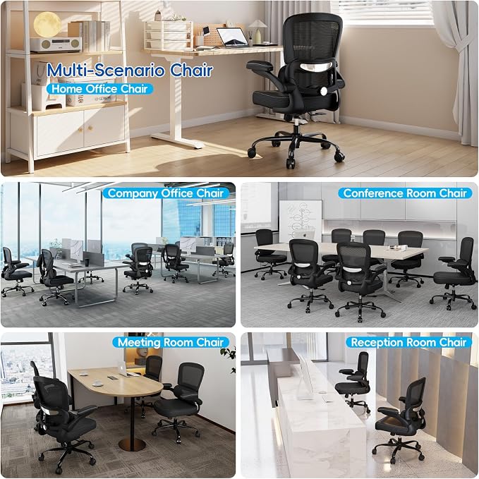 TRALT Ergonomic Office Chair - Desk Chair with Adjustable Headrest Lumbar Support Computer Chair - Mesh Comfy Chair with Flip-up Armrests - Gaming Chair for Adults Home Office PU, Black, Pack of 3