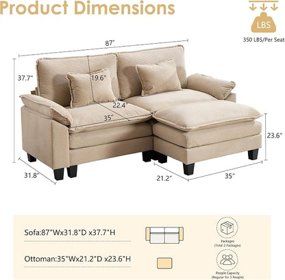 87" Corduroy Modular Sectional Sofa, Convertible L Shaped Modular Sofa Comfy Cloud Couch with Ottoman, Side Pockets and 2 Throw Pillows for Living Room, Kahki, 3 Seats