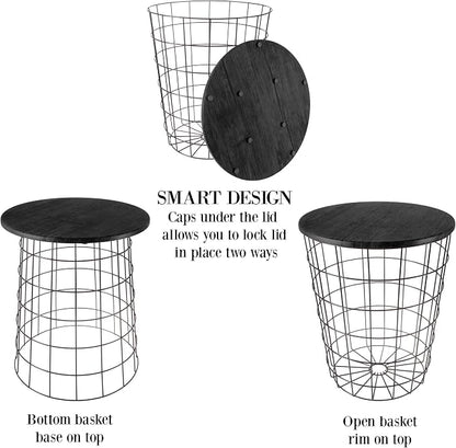 End Tables Set of 2 - Nesting Tables with Removable Wood Tops and Metal Basket Bases for Blanket Storage - Round Side Pieces for Living Room, Bedroom, or Home Office by Lavish Home (Black)