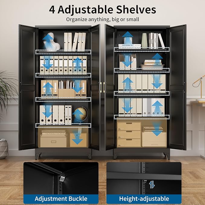 75" Metal Storage Cabinet with 4 Adjustable Shelves, Large Black Steel Pantry Cabinet with Doors, 180 lbs Max Load Per Shelf, Heavy Duty Utility Organizer for Garage & Workshop
