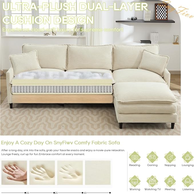 113" Chenille Modular Sectional Sofa, Convertible L Shaped Modular Sofa Comfy Cloud Couch with Ottoman, Side Pockets and 5 Throw Pillows for Living Room (Corduroy White, 113'' - 4 Seat)
