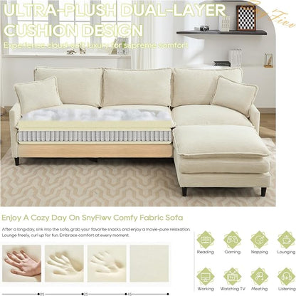 113" Chenille Modular Sectional Sofa, Convertible L Shaped Modular Sofa Comfy Cloud Couch with Ottoman, Side Pockets and 5 Throw Pillows for Living Room (Corduroy White, 113'' - 4 Seat)